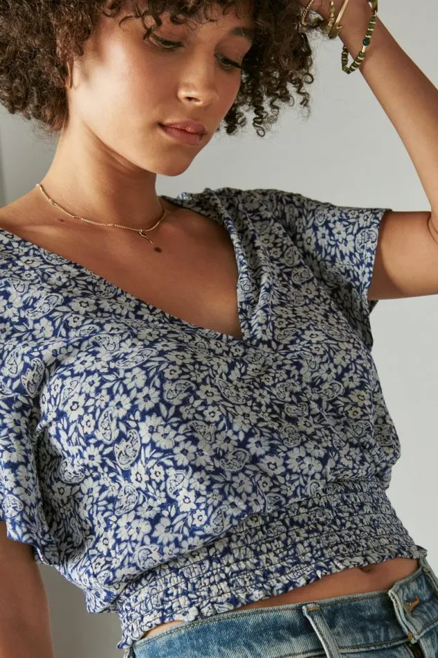Lucky Brand Printed Surplice Top Blue Multi Women Knit Tops