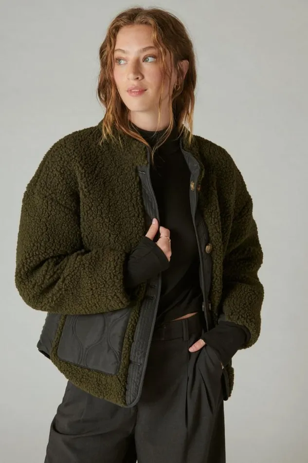 Lucky Brand Reversible Mixed Media Faux Shearling Jacket Olive Multi Women Jackets and Outerwear