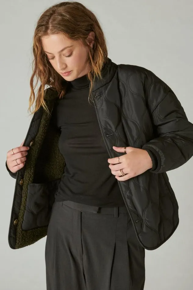 Lucky Brand Reversible Mixed Media Faux Shearling Jacket Olive Multi Women Jackets and Outerwear
