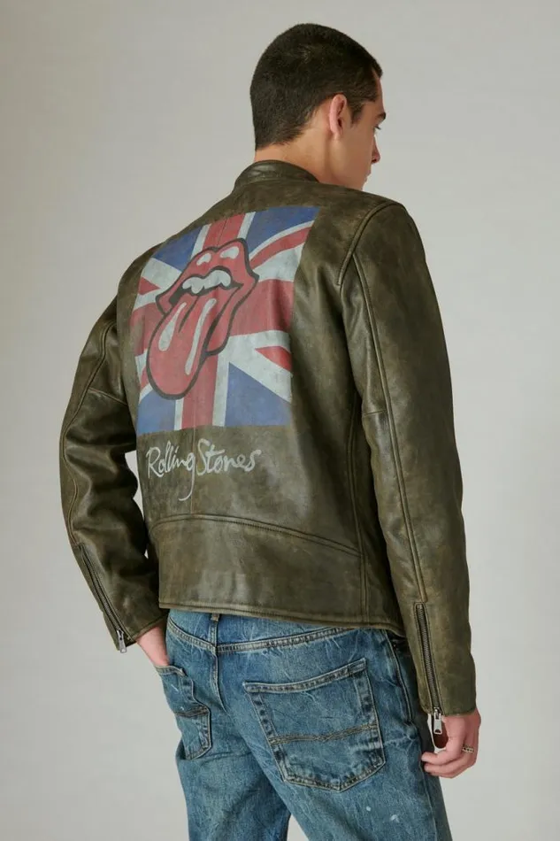 Lucky Brand Rolling Stones Washed Leather Bonneville Jacket Washed Black Men Jackets and Outerwear