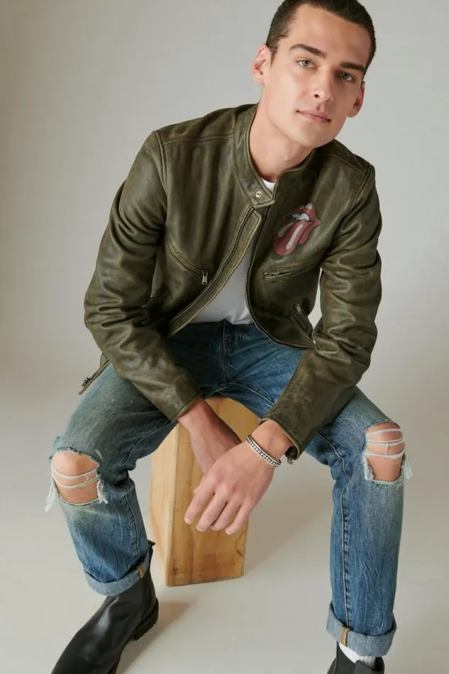 Lucky Brand Rolling Stones Washed Leather Bonneville Jacket Washed Black Men Jackets and Outerwear