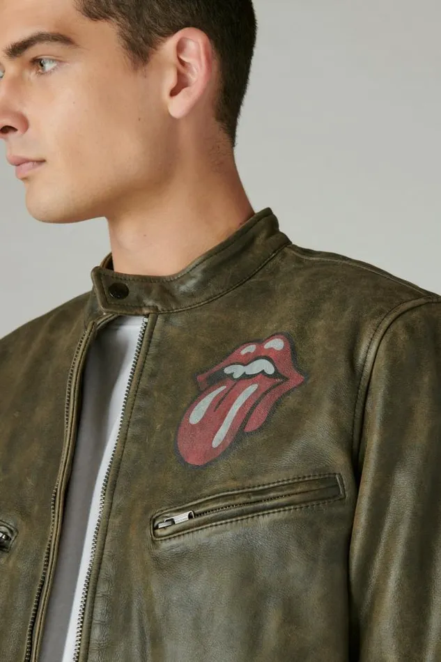 Lucky Brand Rolling Stones Washed Leather Bonneville Jacket Washed Black Men Jackets and Outerwear