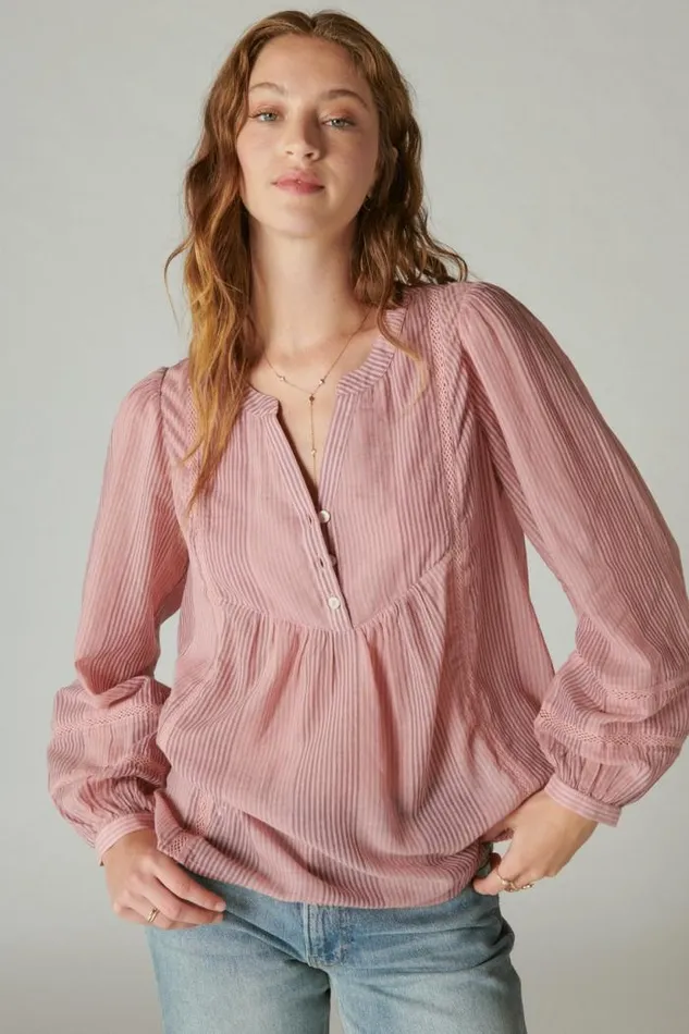 Lucky Brand Smocked Button Through Blouse Zephyr Pink Stripe Women All Tops