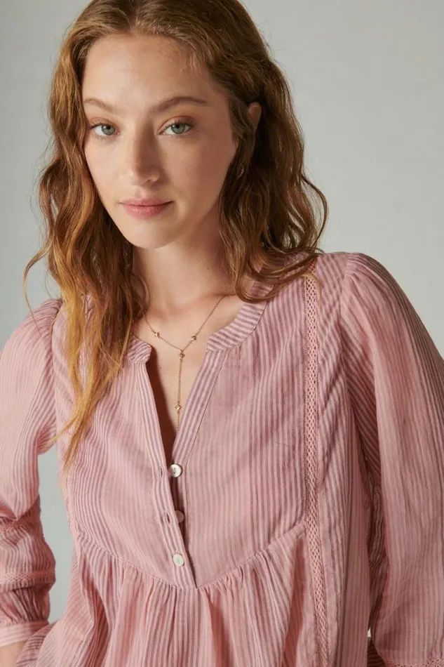 Lucky Brand Smocked Button Through Blouse Zephyr Pink Stripe Women All Tops
