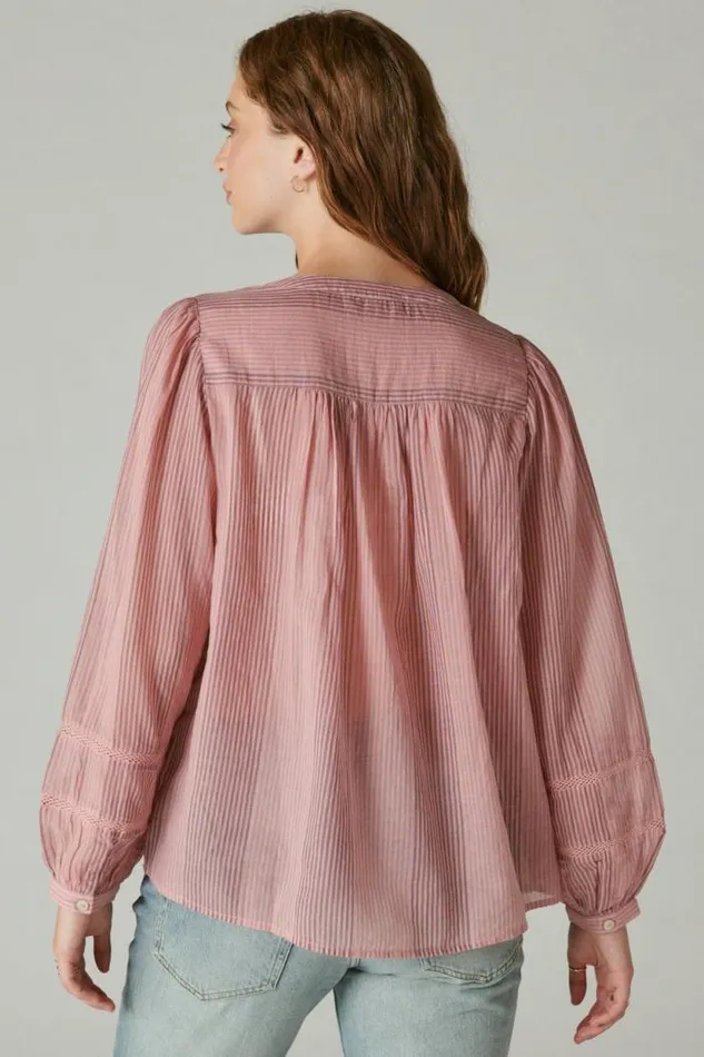 Lucky Brand Smocked Button Through Blouse Zephyr Pink Stripe Women All Tops