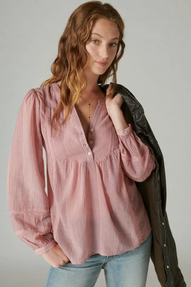Lucky Brand Smocked Button Through Blouse Zephyr Pink Stripe Women All Tops