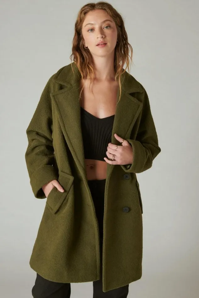 Lucky Brand Solid Doublebreasted Coat Olive Women Jackets and Outerwear