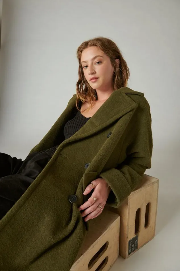 Lucky Brand Solid Doublebreasted Coat Olive Women Jackets and Outerwear
