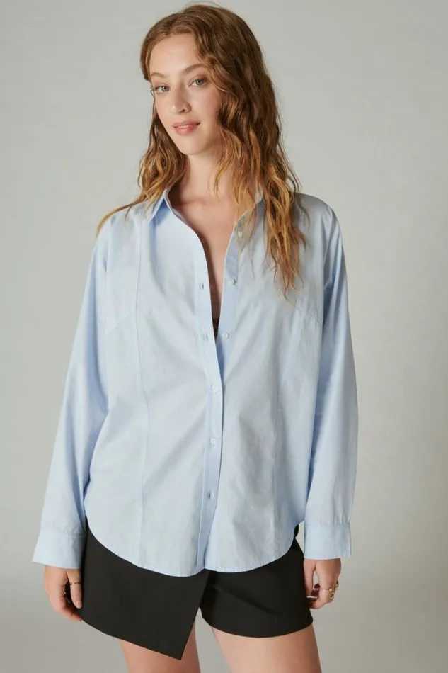 Lucky Brand Solid Oversized Seamed Shirt Light Blue Women Blouses