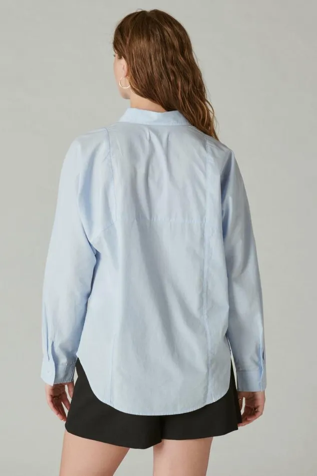 Lucky Brand Solid Oversized Seamed Shirt Light Blue Women Blouses