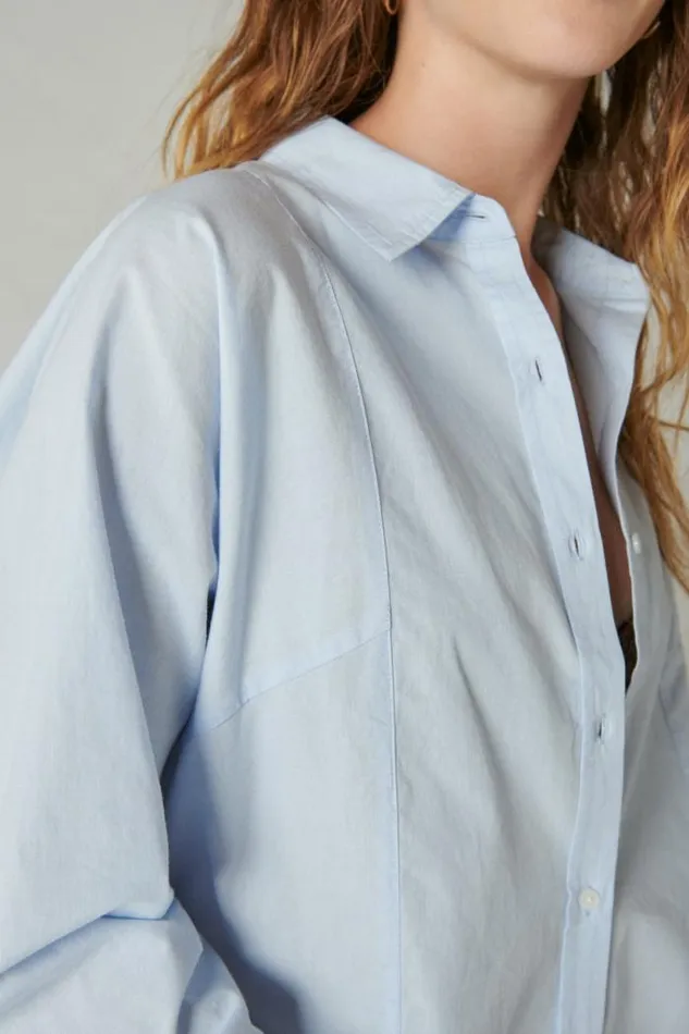 Lucky Brand Solid Oversized Seamed Shirt Light Blue Women Blouses