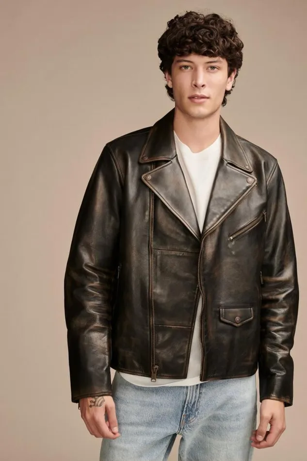 Lucky Brand Vintage Leather Moto Jacket Brownblack Men Jackets and Outerwear