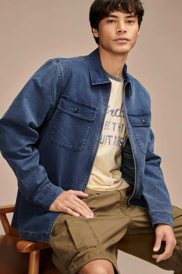 Lucky Brand Zip Front Overshirt With Striped Lining Indigo Stripe Men Jackets and Outerwear