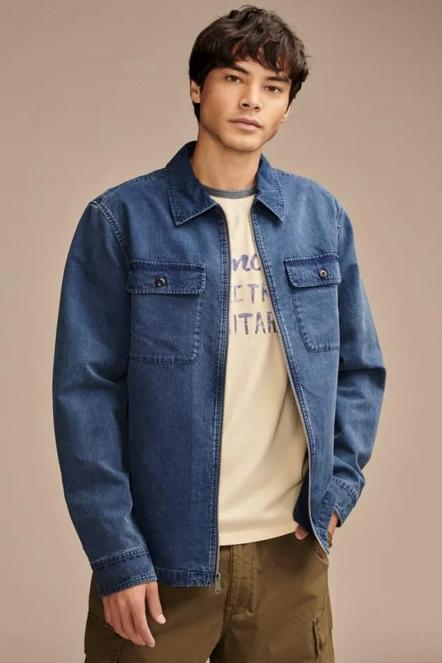 Lucky Brand Zip Front Overshirt With Striped Lining Indigo Stripe Men Jackets and Outerwear
