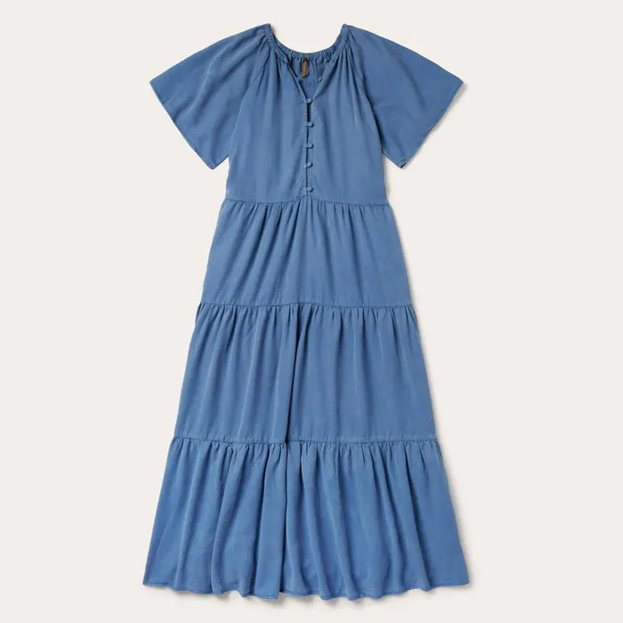 Lyocell Denim Long Three Tiered Dress Blue Women Stetson Midi