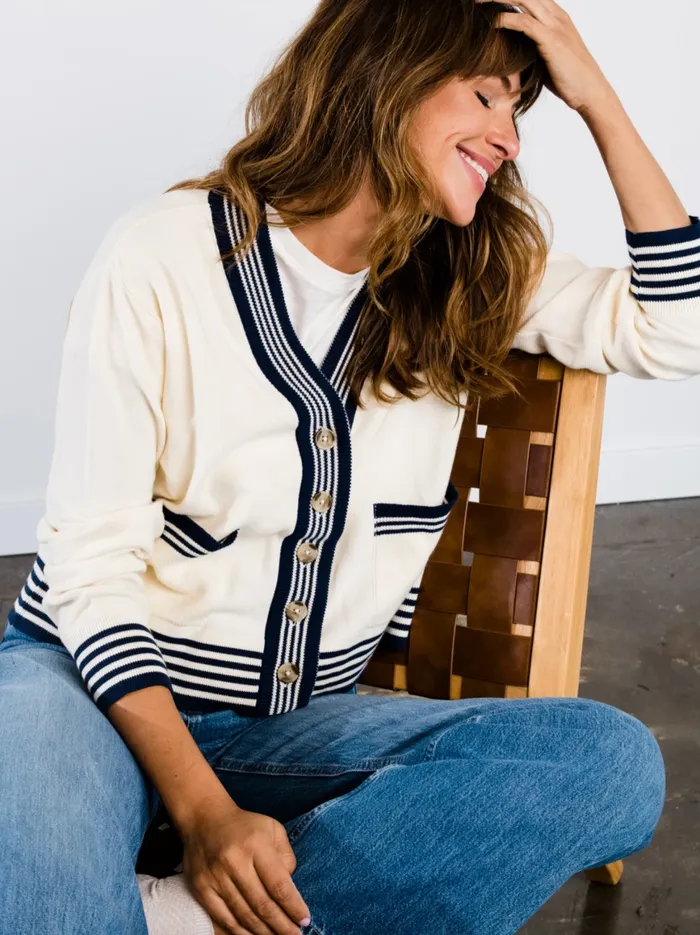 Madilyn Varsity Cardigan Antique WhiteMidnight Women Tops Able