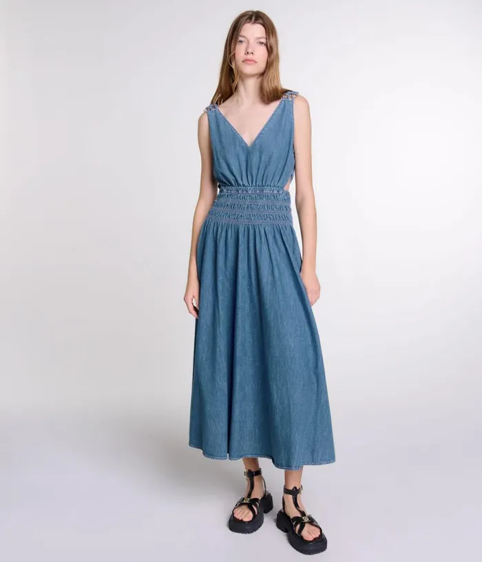 Maje Cutaway Denim Maxi Dress Women Dresses