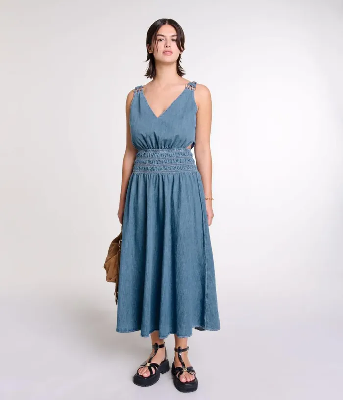 Maje Cutaway Denim Maxi Dress Women Dresses