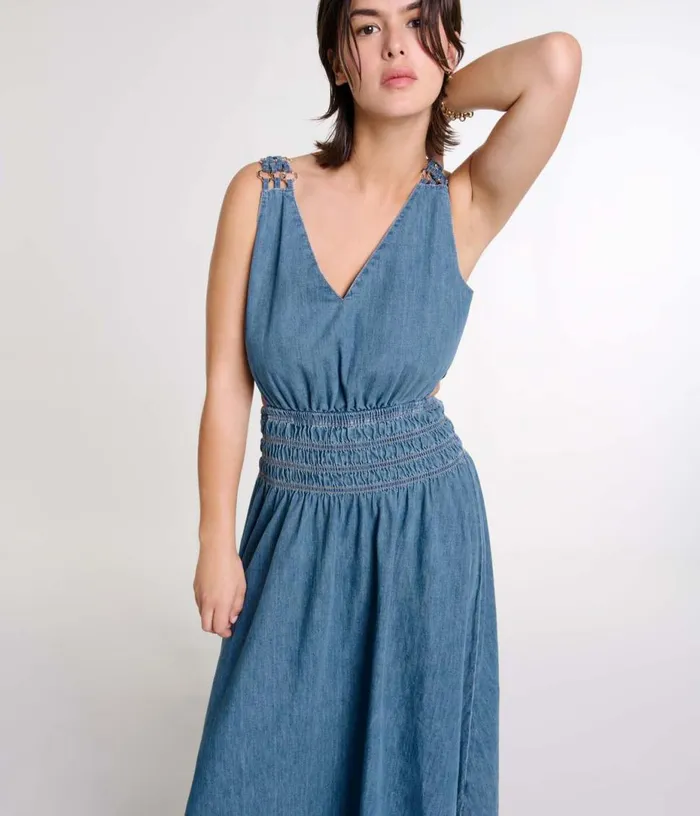 Maje Cutaway Denim Maxi Dress Women Dresses