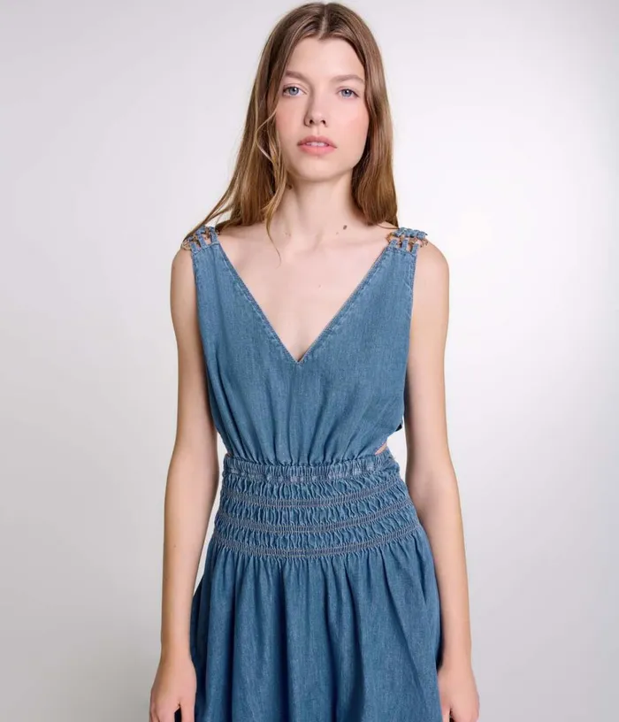 Maje Cutaway Denim Maxi Dress Women Dresses