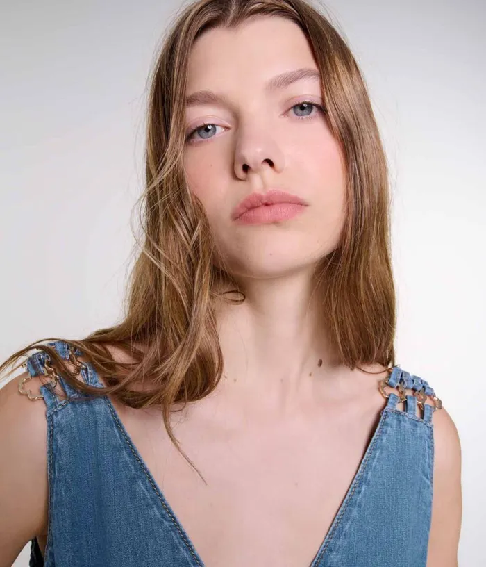 Maje Cutaway Denim Maxi Dress Women Dresses