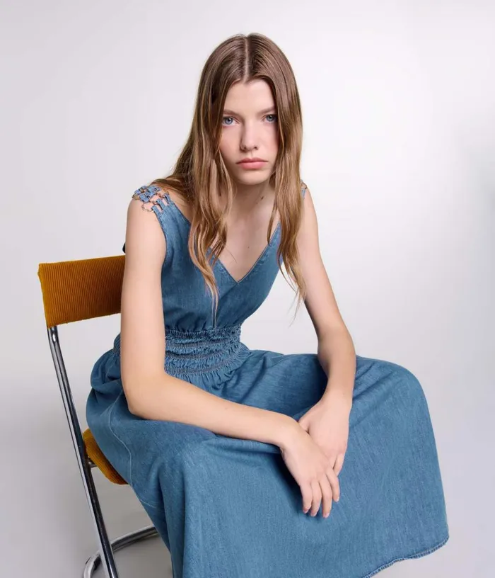 Maje Cutaway Denim Maxi Dress Women Dresses