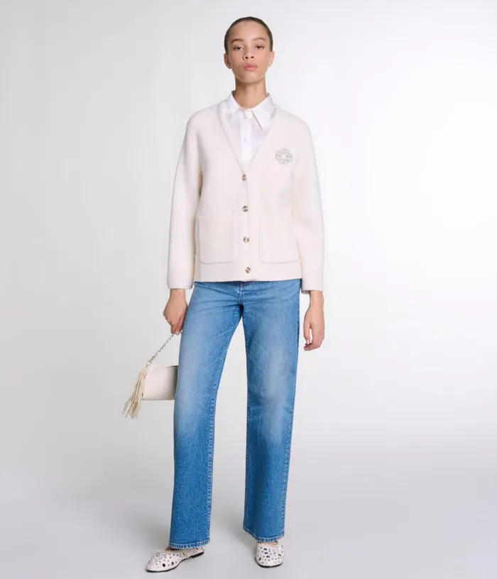 Maje Knit Cardie With Rhinestone Clover Women Sweaters and Cardigans