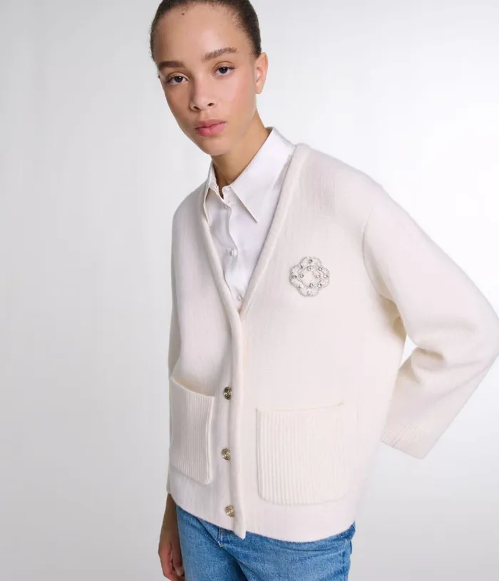 Maje Knit Cardie With Rhinestone Clover Women Sweaters and Cardigans