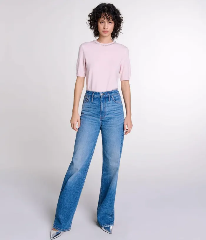 Maje Knit Crop Jumper With Rhinestones Women Sweaters and Cardigans