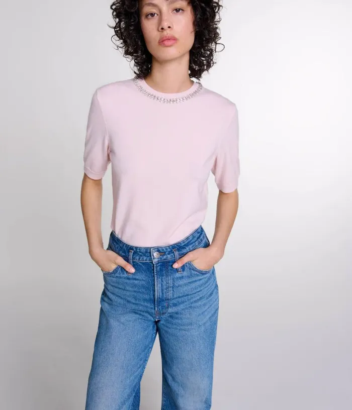 Maje Knit Crop Jumper With Rhinestones Women Sweaters and Cardigans