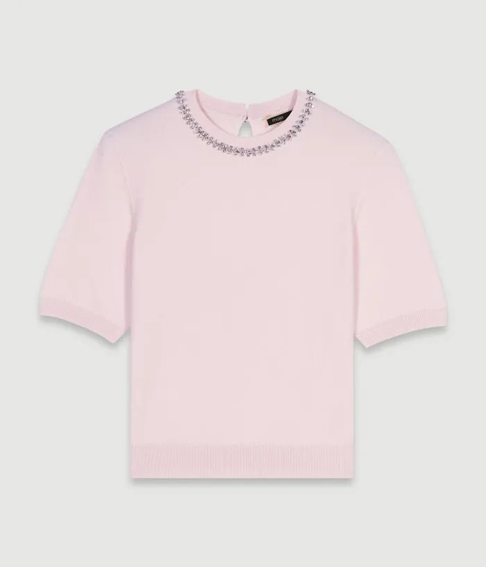 Maje Knit Crop Jumper With Rhinestones Women Sweaters and Cardigans