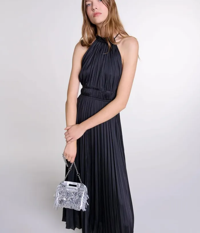 Maje Pleated Satin Maxi Dress Women Dresses