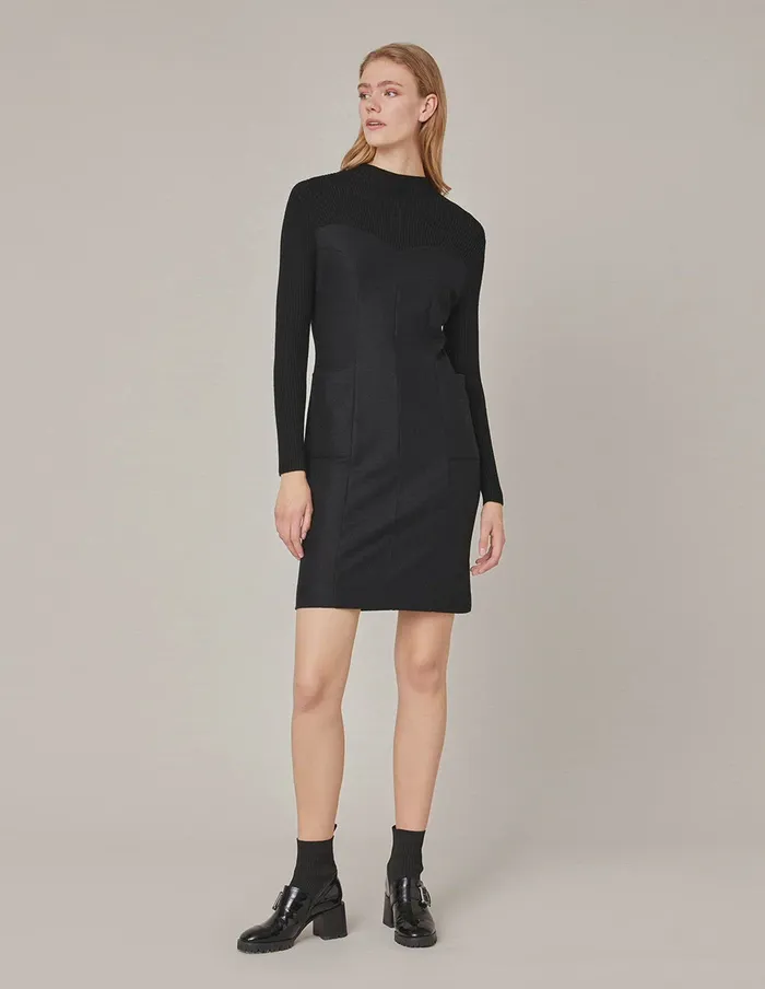 MARYLING Black Dress SEMITURLENECK KNIT SPLICED STRETCH KNITTED DRESS Black 8211 Women MARYLING Black Dress SEMITURLENECK KNIT SPLICED STRETCH KNITTED DRESS Black 8211 Women