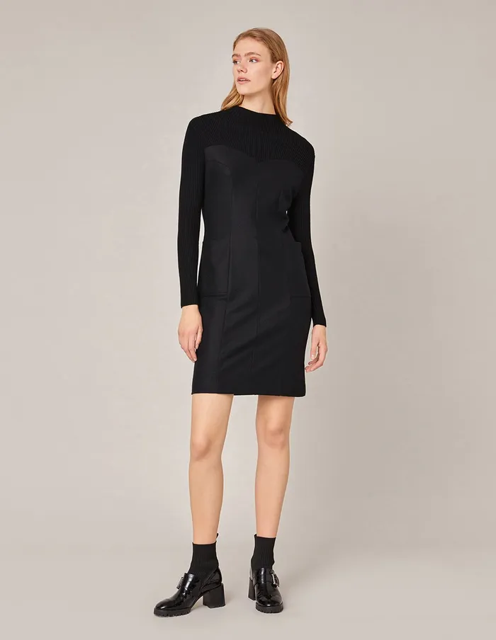 MARYLING Black Dress SEMITURLENECK KNIT SPLICED STRETCH KNITTED DRESS Black 8211 Women