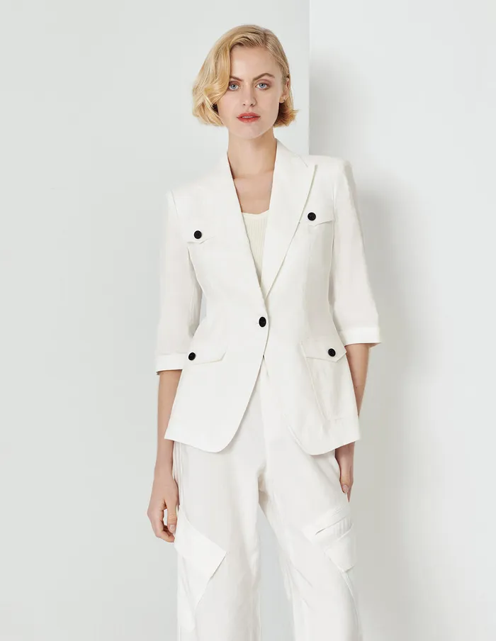 MARYLING Blazers Lapel Collar Contrast Button Blazer White 8211 Women MARYLING Blazers Lapel Collar Contrast Button Blazer White 8211 Women