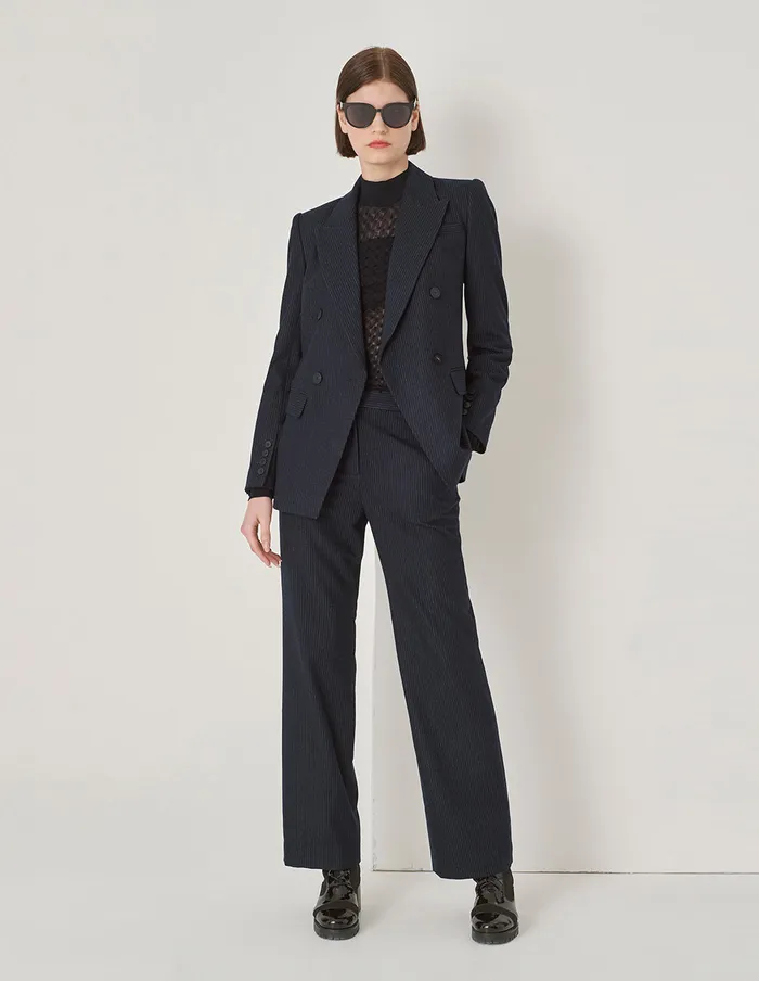 MARYLING Blazers Navy Stripe TurnUp Collar DoubleBreasted Blazer Stripes 8211 Women MARYLING Blazers Navy Stripe TurnUp Collar DoubleBreasted Blazer Stripes 8211 Women