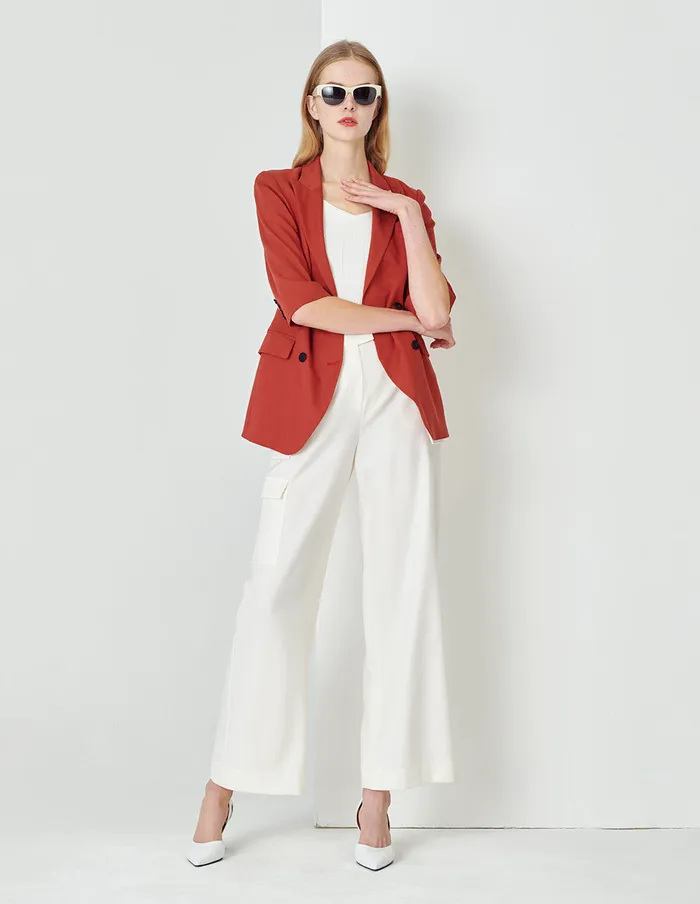 MARYLING Blazers Orange Double Breasted Blazer With VSlit Hem Red 8211 Women