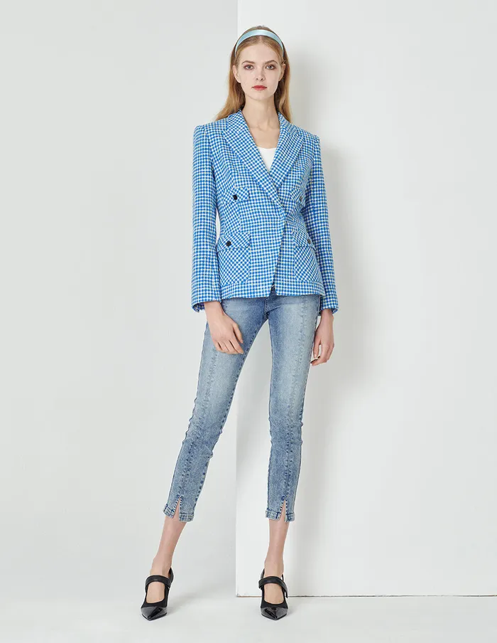 MARYLING Blazers Peak Lapels Blue And White Checks Slim Fit With Button Pockets Blazer Mix 8211 Women MARYLING Blazers Peak Lapels Blue And White Checks Slim Fit With Button Pockets Blazer Mix 8211 Women