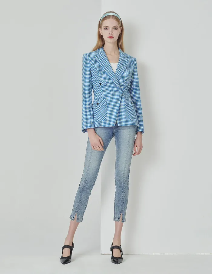 MARYLING Blazers Peak Lapels Blue And White Checks Slim Fit With Button Pockets Blazer Mix 8211 Women