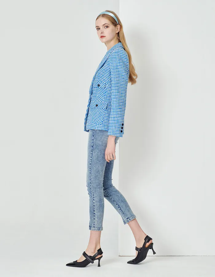 MARYLING Blazers Peak Lapels Blue And White Checks Slim Fit With Button Pockets Blazer Mix 8211 Women