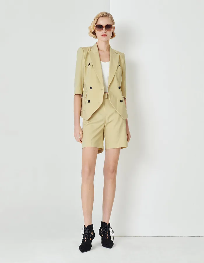 MARYLING Blazers Sand Double Breasted Jacket With Lap Collar Pockets Yellow 8211 Women MARYLING Blazers Sand Double Breasted Jacket With Lap Collar Pockets Yellow 8211 Women
