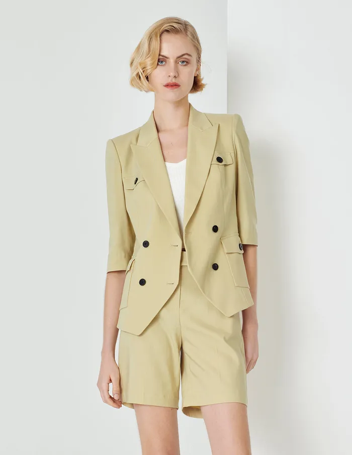 MARYLING Blazers Sand Double Breasted Jacket With Lap Collar Pockets Yellow 8211 Women