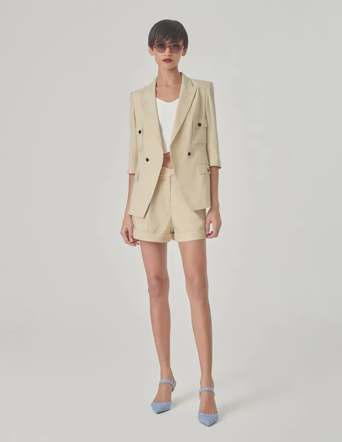 MARYLING Blazers Sand DoubleBreasted MidSleeve Blazer Sandy 8211 Women MARYLING Blazers Sand DoubleBreasted MidSleeve Blazer Sandy 8211 Women