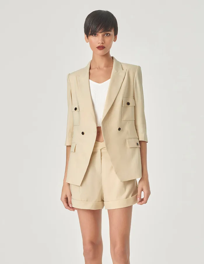 MARYLING Blazers Sand DoubleBreasted MidSleeve Blazer Sandy 8211 Women MARYLING Blazers Sand DoubleBreasted MidSleeve Blazer Sandy 8211 Women