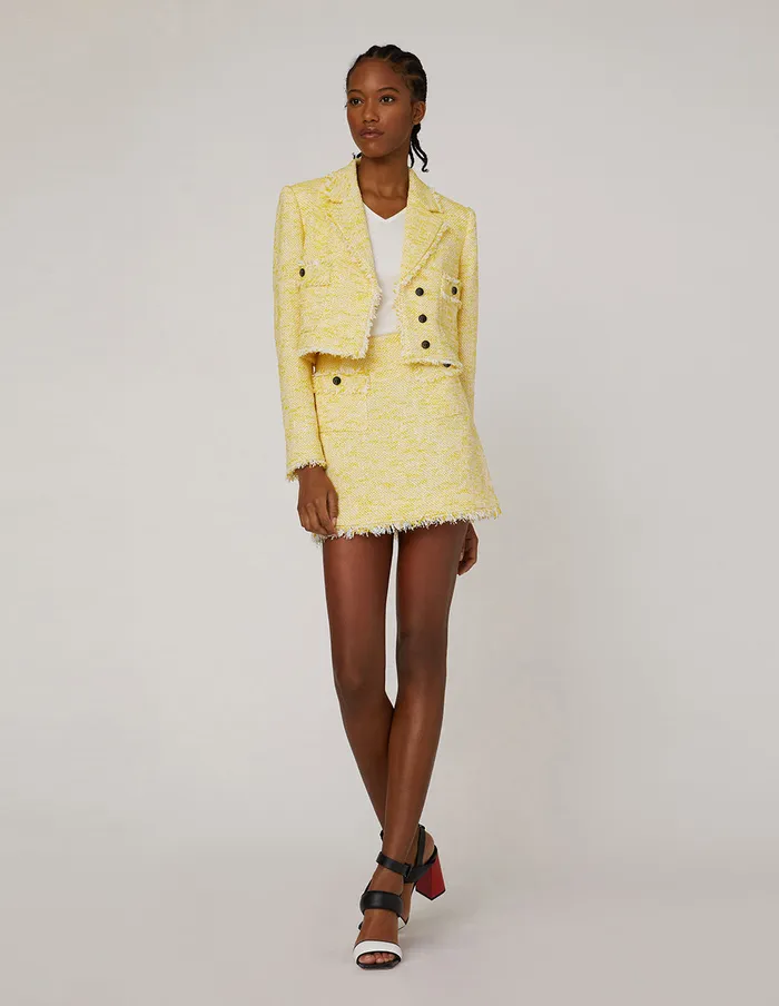 MARYLING Blazers TWEED NOTCH LAPEL FRINGE EDGE CROP JACKET Yellow 8211 Women
