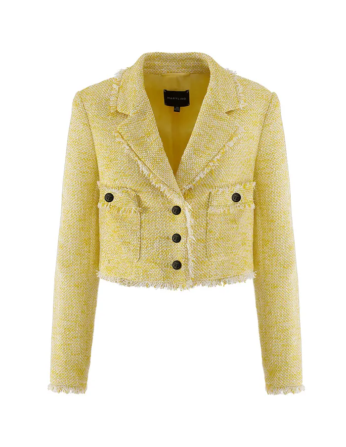 MARYLING Blazers TWEED NOTCH LAPEL FRINGE EDGE CROP JACKET Yellow 8211 Women