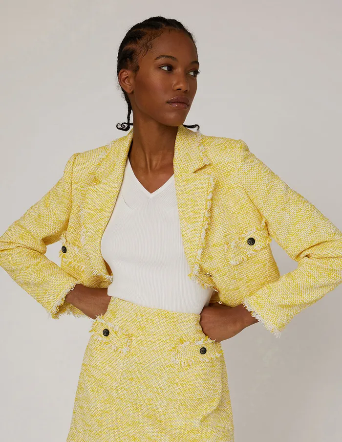 MARYLING Blazers TWEED NOTCH LAPEL FRINGE EDGE CROP JACKET Yellow 8211 Women