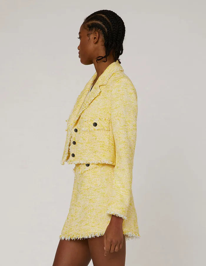 MARYLING Blazers TWEED NOTCH LAPEL FRINGE EDGE CROP JACKET Yellow 8211 Women
