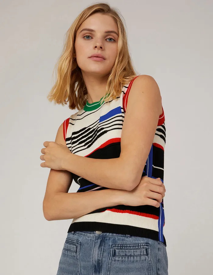 MARYLING Blouse Crew Neck Striped Wool Knitted Vest Mix 8211 Women