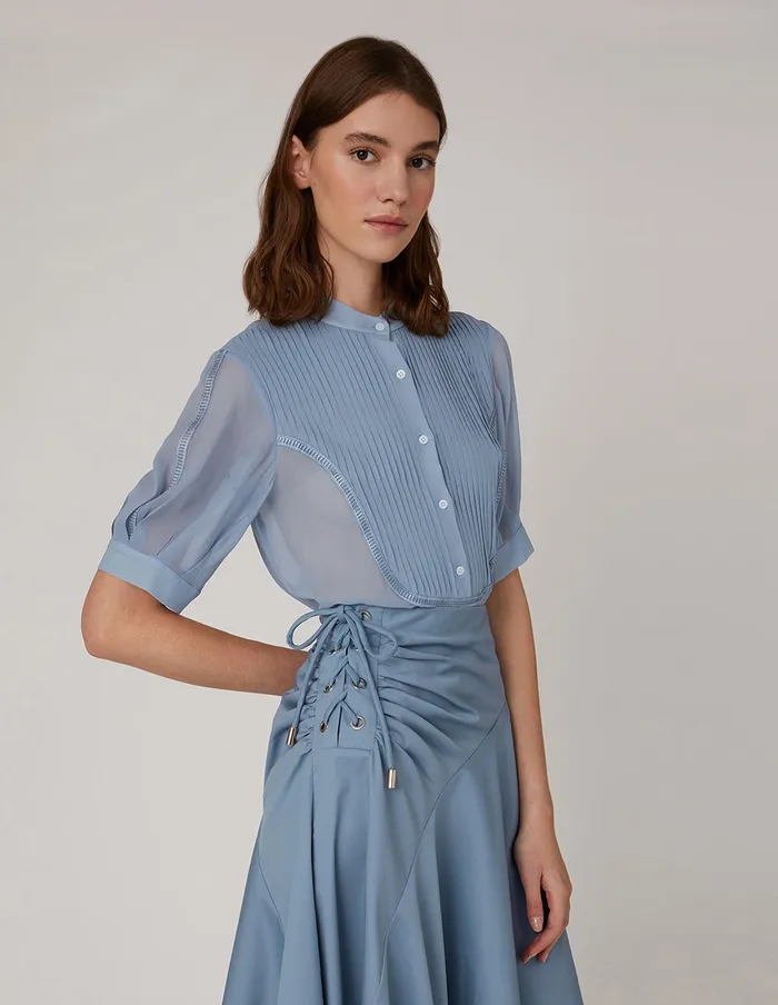 MARYLING Blouse U Shaped Pleated Puff Sleeves Silk Top Blue 8211 Women